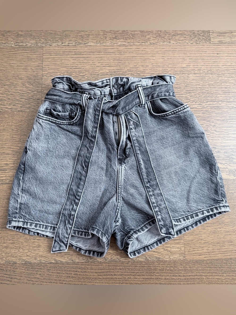 AllSaints High-Waist Paperbag Denim Shorts in Washed Gray